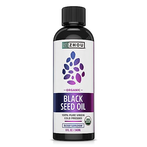 Zhou Organic Black Seed Oil | 100% Virgin Cold Pressed Omega 3 6 9 | Super Antioxidant for Immune Support, Joints, Digestion, Hair & Skin | Vegan, Gluten-Free, Non-GMO | 8oz