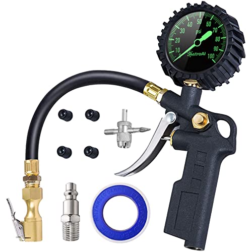 AstroAI Tire Inflator with Pressure Gauge, 100 PSI Air Chuck and Compressor Accessories Heavy Duty with Large 2.5' Easy Read Glow Dial, Durable Rubber Hose and Quick Connect Coupler