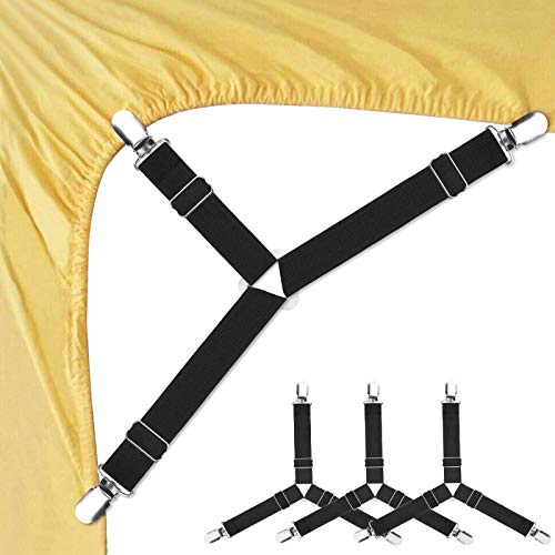 Bed Sheet Fasteners, 4 PCS Adjustable Triangle Elastic Suspenders Gripper Holder Straps Clip for Bed Sheets,Mattress Covers, Sofa Cushion