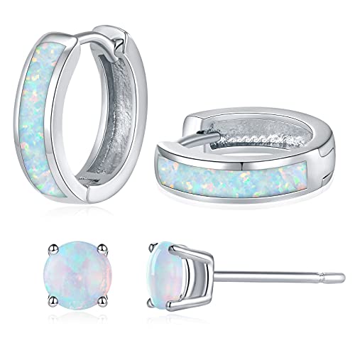 Silver Small Hoop Earrings Stud Sets for Women Men Hoops Jewelry (Silver, Created White Opal)