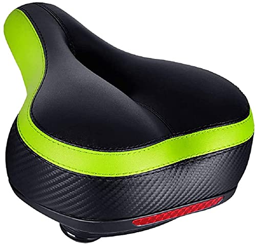 TONBUX Most Comfortable Bicycle Seat, Bike Seat Replacement with Dual Shock Absorbing Ball Wide Bike Seat Memory Foam Bicycle Gel Seat with Mounting Wrench (Green/Black with Reflective Sticker)