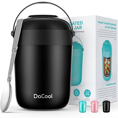 DaCool Insulated Lunch Container Insulated Food Jar 16 oz Stainless Steel Vacuum Bento Hot Lunch Box for Kids with Spoon Leak Proof Hot Cold Food for School Office Picnic Travel Outdoors - Black