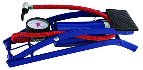 Performance Tool W1638DB Foot Pump for Bike Tires and Sports Equipment with Air Pressure Gauge, Braided Hose, and Needle Valve with Adaptors, 100 P.S.I Capacity, Blue