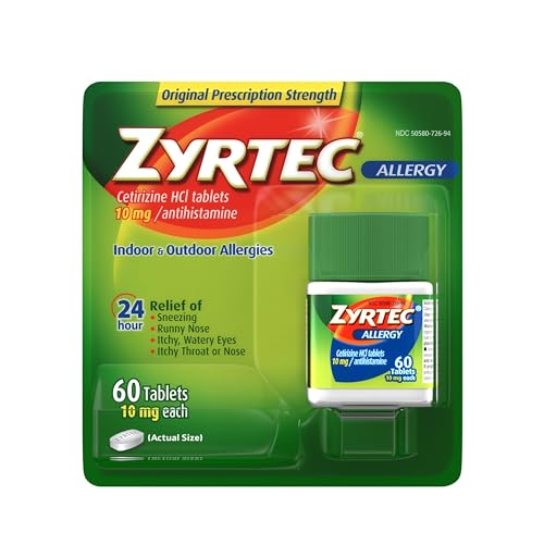 Zyrtec 24 Hour Allergy Relief Tablets, Indoor & Outdoor Allergy Medicine with 10 mg Cetirizine HCl per Antihistamine Tablet, Relief of Allergies Caused by Ragweed & Tree Pollen, 60 ct