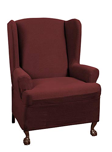 Maytex Reeves Stretch 1 - Piece T – Cushion Wingback Chair with Arms Furniture Cover Slipcover, Red