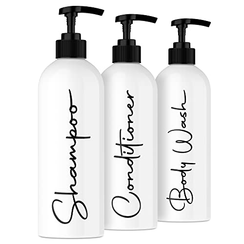 Alora 16oz Reusable Shampoo and Conditioner Bottles - Set of 3 - White - Easy to Read Lettering - Pump Bottle Dispenser for Shampoo, Conditioner, Body Wash - Empty Plastic Refillable Containers