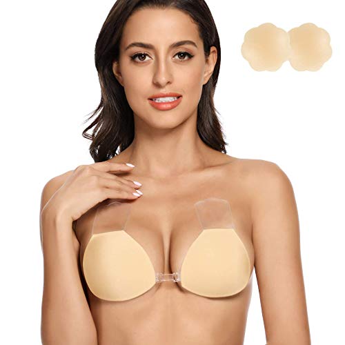 Niidor Adhesive Bra, Invisible Strapless Bra Breast Lift Tape Sticky Push Up Nippleless Covers Breast Lift Pasties for Women Nude-C