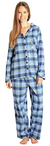 EVERDREAM Sleepwear Womens Flannel Pajamas, Long 100% Cotton Pj Set,Size X-Large Blue