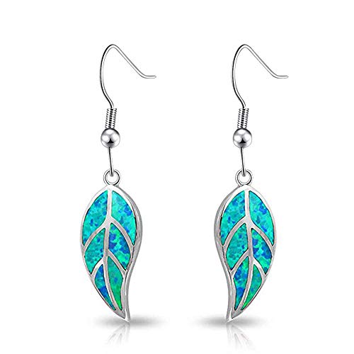 CiNily Opal Leaf Dangle Earrings-Blue Fire Opal Rhodium Plated Drop Earrings for Women Girls Jewelry Gemstone Dangle Earrings