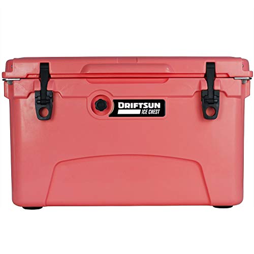 Driftsun Heavy Duty Rotomolded Thermoplastic UV Resistant Portable 45 Quart Insulated Hardside Ice Chest Beverage Cooler, Coral