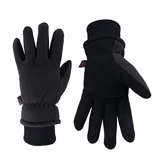 OZERO Winter Work Gloves Cold Proof Deerskin Suede Leather Thermal Polar Fleece Insulated for Driving Hiking Working Snow Skiing - Water Resistant Windproof for Men and Women Denim-Black Medium