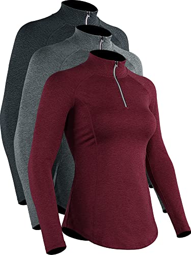 CADMUS Workout Shirts Women's Long Sleeve Running Athletic Hiking Shirts, 3 Pack, Black & Grey & Red, XL