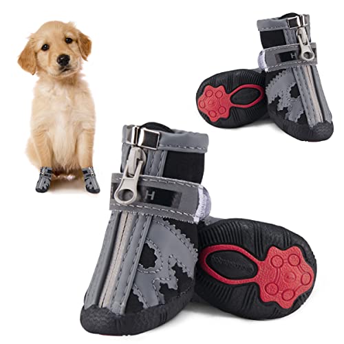 Dog Shoes for Small Dogs Winter Snow Dog Booties Open with Zips and Rugged Anti-Slip Sole Paw - Reflective Hiking Pet Dog Boots - Protectors Comfortable Suitable for Medium Dogs