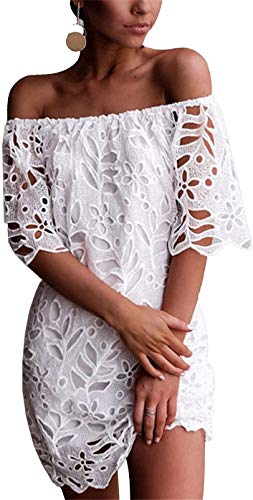 PRETTYGARDEN Women's Summer Off Shoulder Vintage Floral Lace Flare Short Sleeve Loose Elegant Mini Dress (White,X-Large)