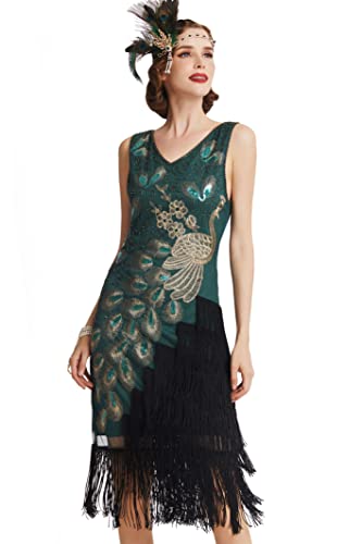 BABEYOND 1920s Vintage Peacock Sequined Dress Gatsby Fringed Flapper Dress Roaring 20s Party Dress