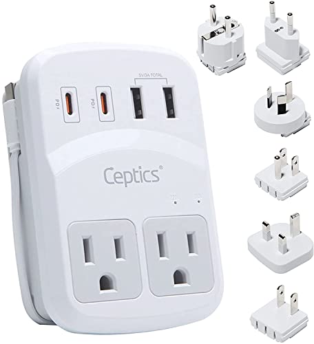 Ceptics World Travel Adapter Kit 2 USB-A, USB-C US Outlets, 20W/QC 18W Power Delivery, Surge Protection, SWADAPT Compatible for Europe, UK, China, Australia, Japan Perfect Laptop (WPS-5B)