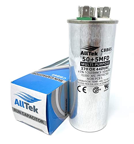 AllTek 50+5 MFD 50/5 uf 370 or 440 Volt Dual Run Round Capacitor for Condenser Straight Cool or Heat Pump Air Conditioner - 5 Year No Hassle Warranty