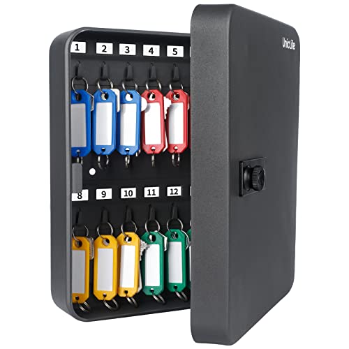 Uniclife 28-Key Steel Key Cabinet with Combination Lock Wall Mounted Key Organizer with Resettable Code Black Digital Security Box with Hooks and Large Key Tag Labels Identifiers in 5 Assorted Colors