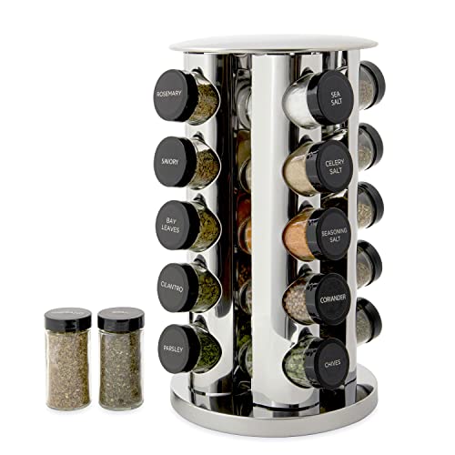 Kamenstein Revolving 20-Jar Countertop Rack Tower Organizer with Free Spice Refills for 5 Years, Polished Stainless Steel with Black Caps