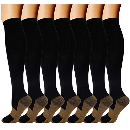 Double Couple 7 Pairs Copper Compression Socks for Men Women 20-30 mmHg Knee High Stockings