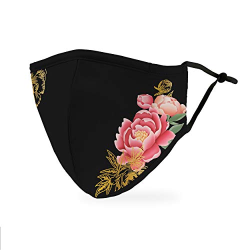 WEDDINGSTAR 3-Ply Adult Washable Cloth Face Mask Reusable and Adjustable with Filter Pocket - Black Modern Floral