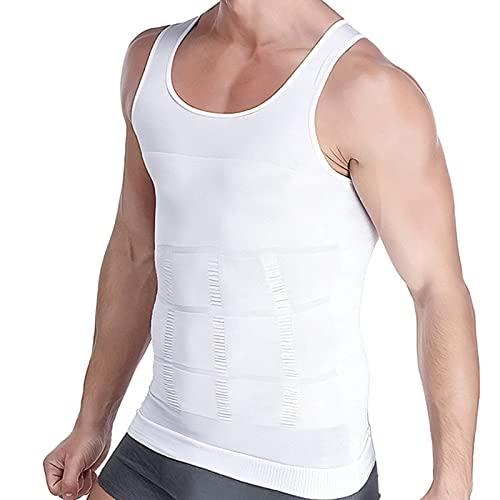 Aptoco Compression Shirts for Men Shapewear Vest Body Shaper Abs Abdomen Slim Elastic Tank Top Undershirt for Hid Men's Gynecomastia(White, XL)
