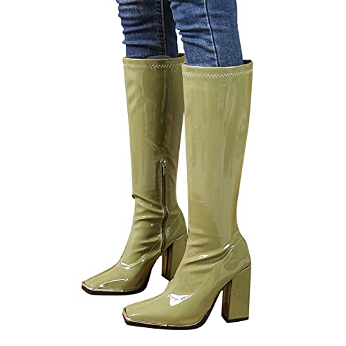 Fullwei Womens Wide Calf Boots Ladies Square Toe Solid Color Bright Leather Candy Color Square High Heel Retro Zipper Mid Boots Women's Shoes (Green, 8)