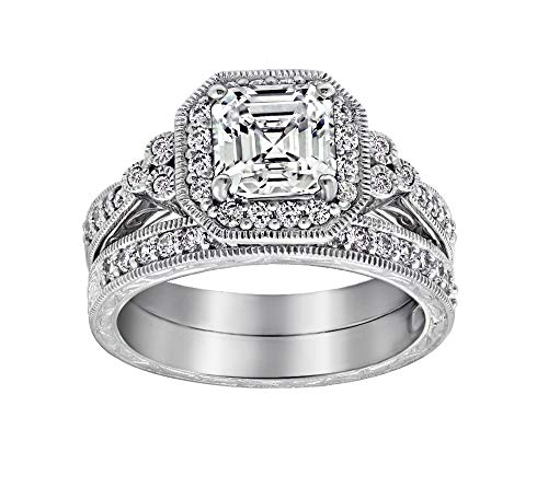 Amazon Collection Platinum-Plated Sterling Silver Antique Ring set with Asscher-Cut Infinite Elements Cubic Zirconia, Size 7