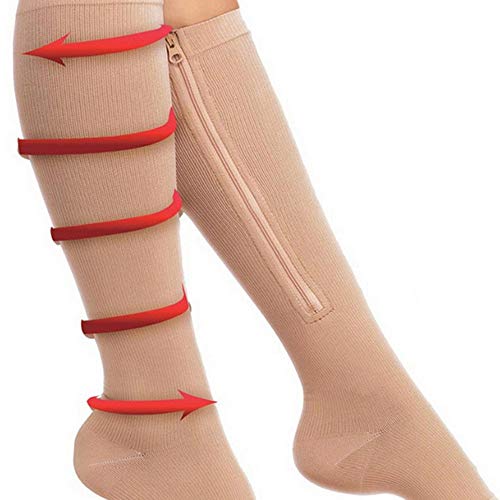 2-Pack Zipper Compression Socks for Men/Women with Open Toe, Knee High 20-30mmHg Compression Support Hose (Beige, L/XL)
