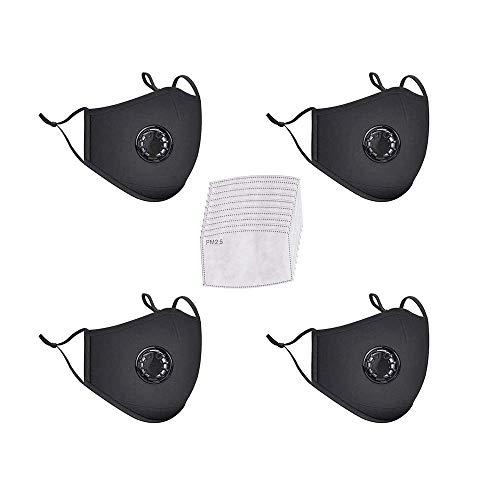 4 Pack Face Mask with 10 Cotton Filter Sheet,Washable Reusable Masks with Breathing Valve-Black