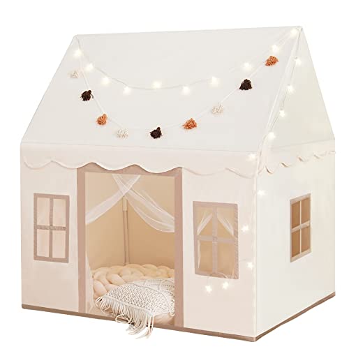 Large Kids Tent with mat, Star Lights, Tissue Garland, Play Tent Indoor & Outdoor, Kids Play Tent for Girl & Boy Aged 3+, Kids Tent for Toddler, 52' x35' x 52' Play House with Windows, Washable