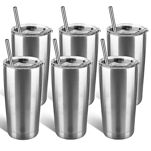Sangyn 6 Pack 20oz Travel Tumblers Mug Stainless Steel Vacuum Insulated Double Wall Cooler Tumbler with Splash Proof Sliding Lid Straw and Cleaning Brush