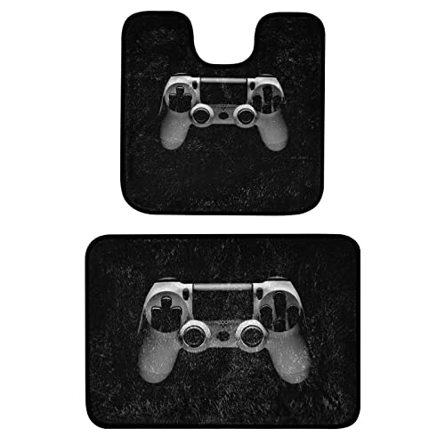 Oyihfvs Video Game Joystick Gamepad in Grey Isolated on Black 2-Piece Bathroom Durable Mat Set, U-Shaped Non-Slip Soft Microfiber Plush, Toilet Floor Rug Pads, Absorbent Shower Room Carpet