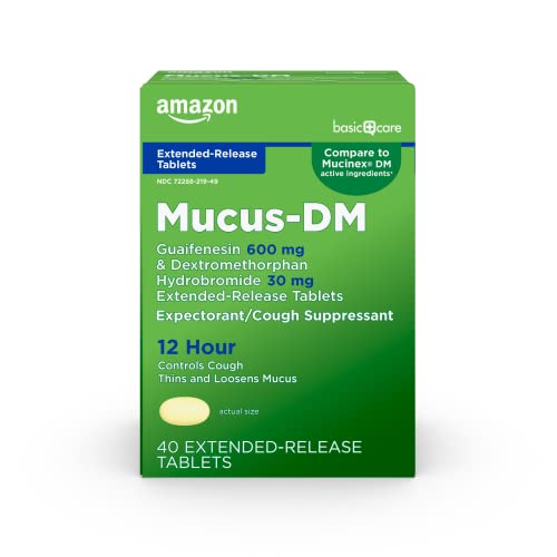 Amazon Basic Care Mucus Relief DM, 12 Hour Guaifenesin and Dextromethorphan Hydrobromide Extended-Release Tablets, 600 mg/30 mg, Cough Medicine for Adults and Children 12 Years and Over, 40 Count