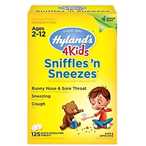 Zinc for Kids Ages 2+, Cold Medicine Tablets, Hyland's 4 Kids Sniffles n' Sneezes, Decongestant, Headache and Sinus Relief, Natural Treatment for Allergy and Common Cold Symptoms, 125 Count