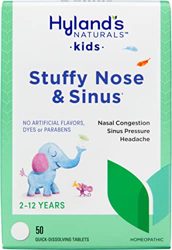 Hyland's Naturals Kids Stuffy Nose & Sinus Tablets, Cold & Allergy Medicine for Children Ages 2+, Headache Relief & Nasal Decongestant, Quick Dissolving Tablets, 50 Count