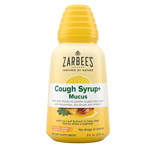 Zarbee's Adult Daytime Cough Syrup + Mucus with Honey, Ivy Leaf, Vitamin C, D & Zinc, Thyme, Drug & Alcohol-Free, Gluten-Free, Ages 12+, Natural Honey Lemon Flavor, 8 Fl.oz