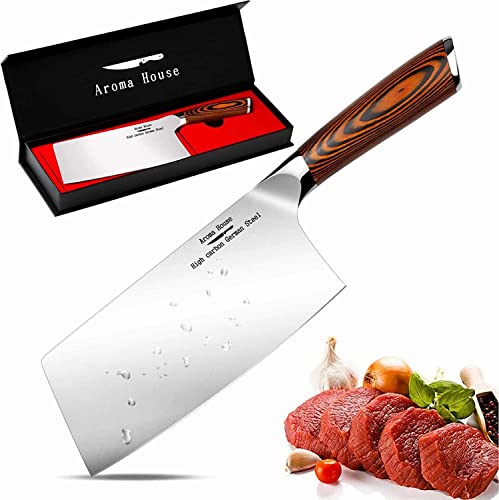 Aroma House Meat Cleaver 7 Inch, Cleaver Knife for Meat Cutting, High Carbon German Stainless Steel with Ergonomic Handle for Home, Kitchen & Restaurant, Kitchen Gift.