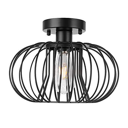 SYDTOP Modern Black Double Layer Metal Cage Semi Flush Mount Ceiling Light Light for Hallway Living Room Kitchen Entryway Farmhouse