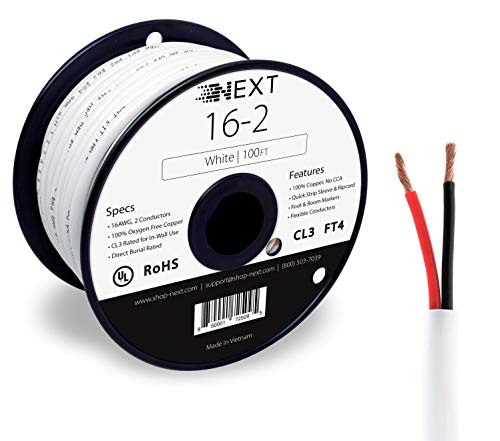 Voltive 16/2 Speaker Wire - 16 AWG/Gauge 2 Conductor - UL Listed in Wall (CL2/CL3) and Outdoor/In Ground (Direct Burial) Rated - Oxygen-Free Copper (OFC) - 100 Foot Spool - White