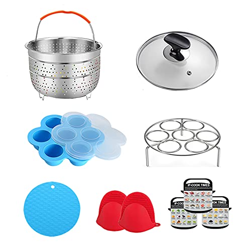 ULEE Accessories Compatible with Instant Pot 3 Qt - Including Steamer Basket, Tempered Glass Lid, Egg Steamer Rack, Egg Bites Mold, Oven Mitts, Magnetic Cheat Sheets