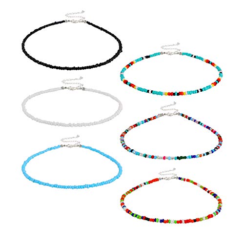 Hicarer 6 Pieces Women Bohemian Necklaces Seed Bead Necklaces Glass Beaded Choker Jewelry for Women and Girls