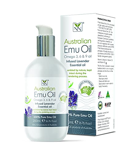 Y-Not Natural- Organic Pharmaceutical 100% Pure Emu Oil 200ml | Free Range Aboriginal Omega 3, 6 & 9 Oil Infused w/Lavender for Hypoallergenic Skin Care, Hair & Healing | All Natural