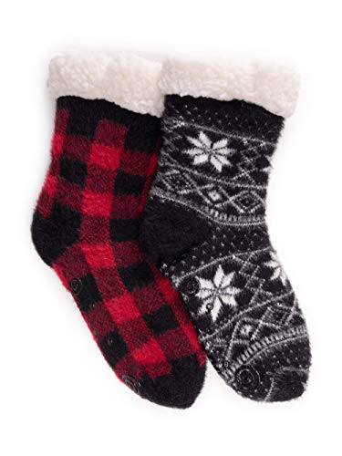 Muk Luks Cabin Cozy Sock, 2 Pair, Black and Red, L/XL