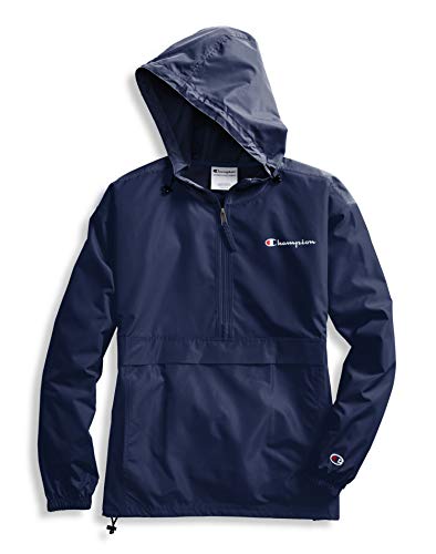 Champion Women's Packable Windbreaker, Wind-and Water-Resistant Hooded Jacket, All-Over Print, Script, Athletic Navy-549369, Small