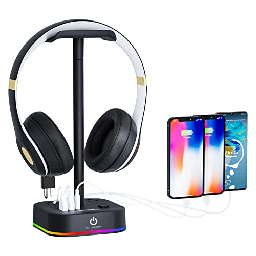 Gamenote RGB Headphone Stand & Power Strip 2 in 1 Desk Gaming Headset Holder with 3 USB Charging Ports & 3 Power Outlets Headphones Hanger Accessories for Desktop Gamer