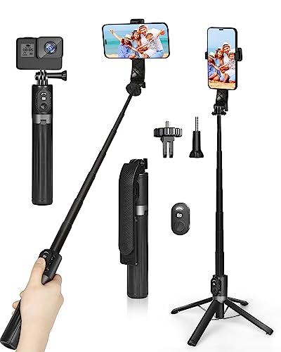Eocean Selfie Stick Tripod Quadripod with Remote, 54' Aluminum Alloy Extendable Cell Phone Tripod Stand Compatible with iPhone/Android Phone/GoPro, Lightweight Portable Pocket Travel Tripod