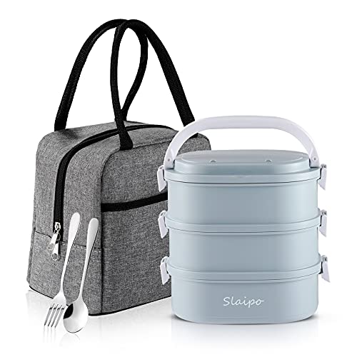 Slaipo Bento Box Adult Lunch Box, Lunch Box for Men Women with Insulated Lunch Bag, Stainless Steel Salad Lunch Containers, Stackable Leakproof Lunch Kit(Blue)