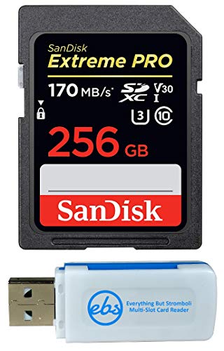 SanDisk 256GB SDXC SD Extreme Pro Memory Card Bundle Works with Canon EOS Rebel SL2, SL1, T4i, T6s Digital DSLR Camera 4K (SDSDXXY-256G-GN4IN) Plus (1) Everything But Stromboli (TM) Combo Card Reader