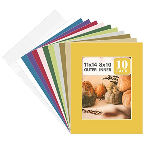 Golden State Art, Pack of 10 Mixed Colors Pre-Cut 11x14 Picture Mat for 8x10 Photo with White Core Bevel Cut Mattes Sets. Includes 10 High Premier Acid Free Mats & 10 Backing Board & 10 Clear Bags